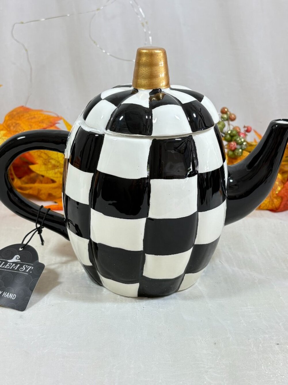 Fall Halloween MacKenzie- Style Black White Check Ceramic Pumpkin Shape Teapot